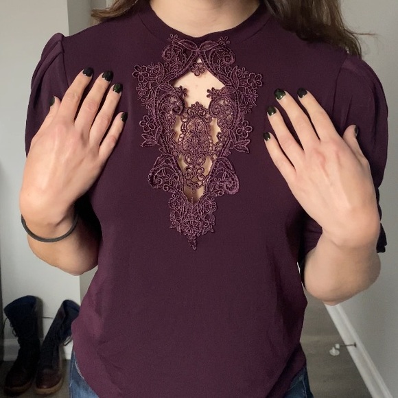 Deep Plum Lace Keyhole Blouse - Picture 1 of 10